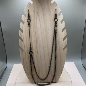 Artisan designer Samkas Long Chain and Leather Necklace Modernist Drape Style.